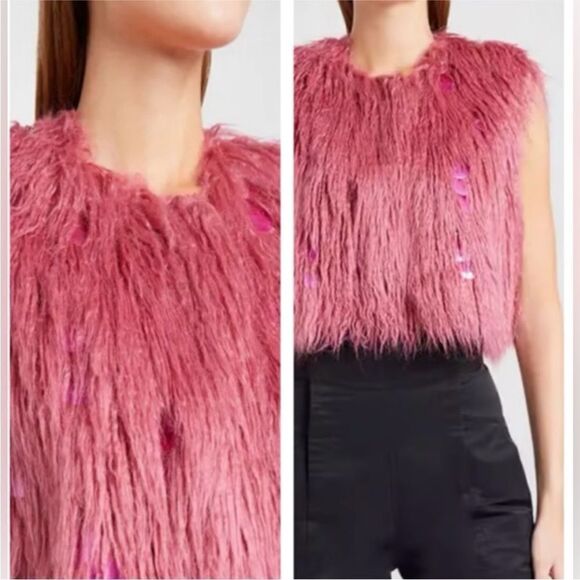 Alabama Muse NWT Lanny Gold Embellished Sleeveless Fur Jacket Desert Rose IT 42 - Picture 5 of 11
